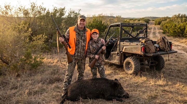 Father and son holding guns in front of their UTV  with a dead hog laying on the ground