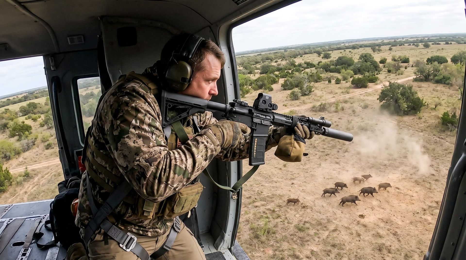 A man shooting a gun at hogs from a helicopter