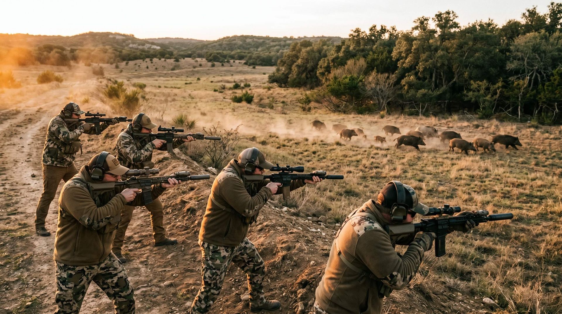 Group of hunters shooting a hogs running away
