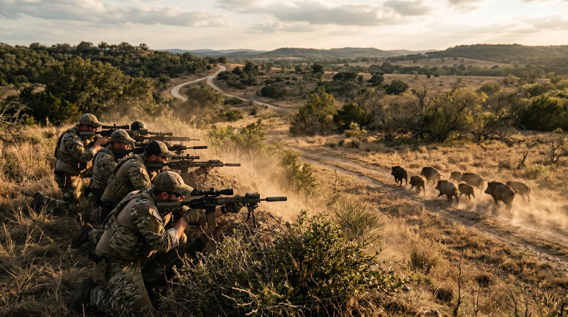 Group of hunters on a hill pointing their guns at a herd of hogs