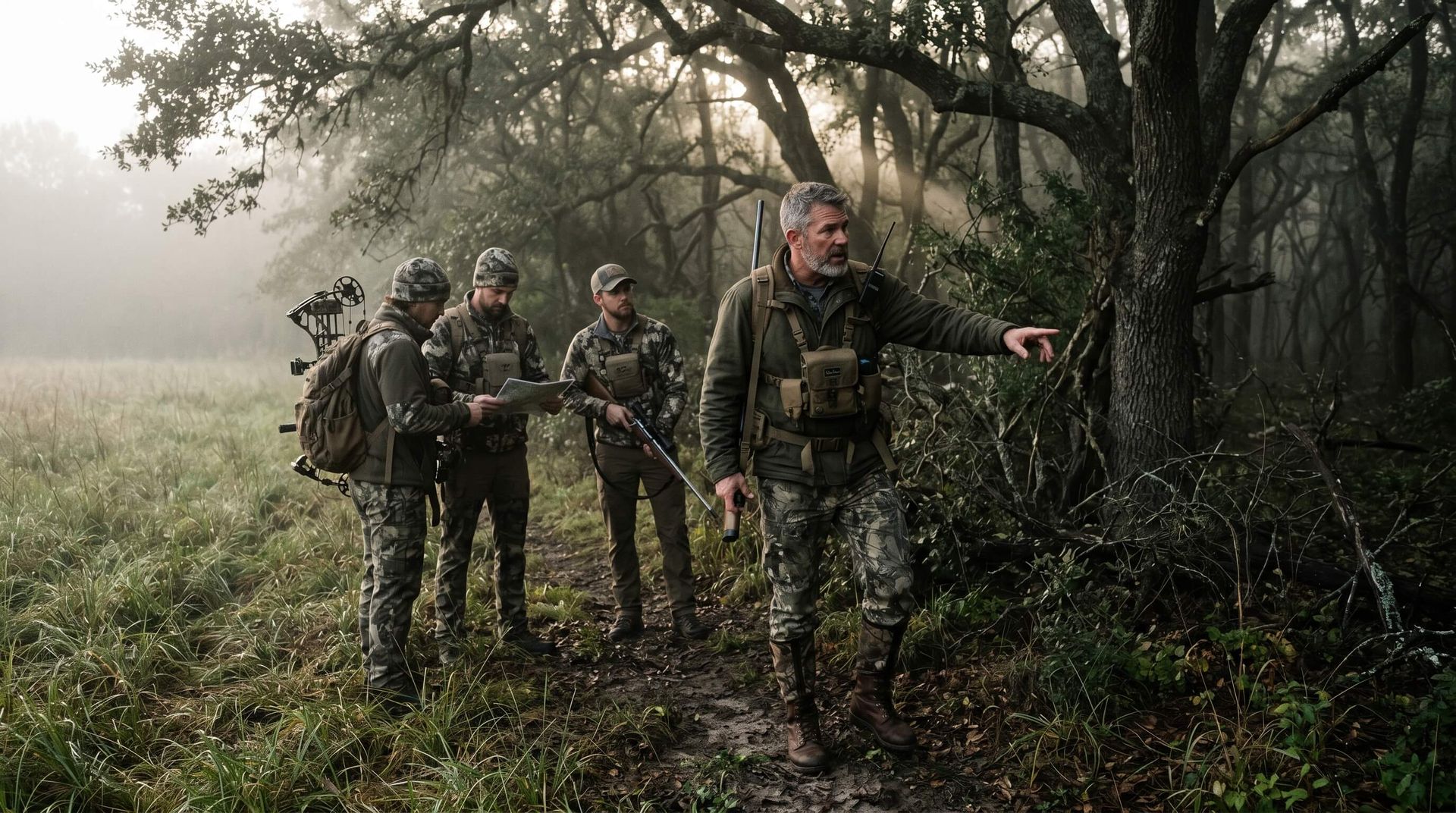 Expert guide explaining to a group of hunters a specific part of the trail