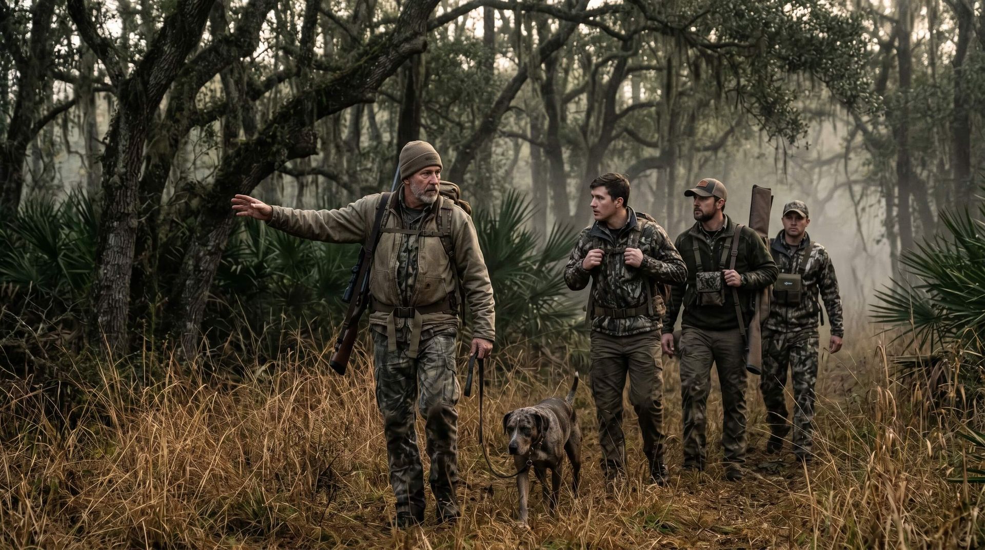 Expert guide leading a group of hunters accompanied by a dog