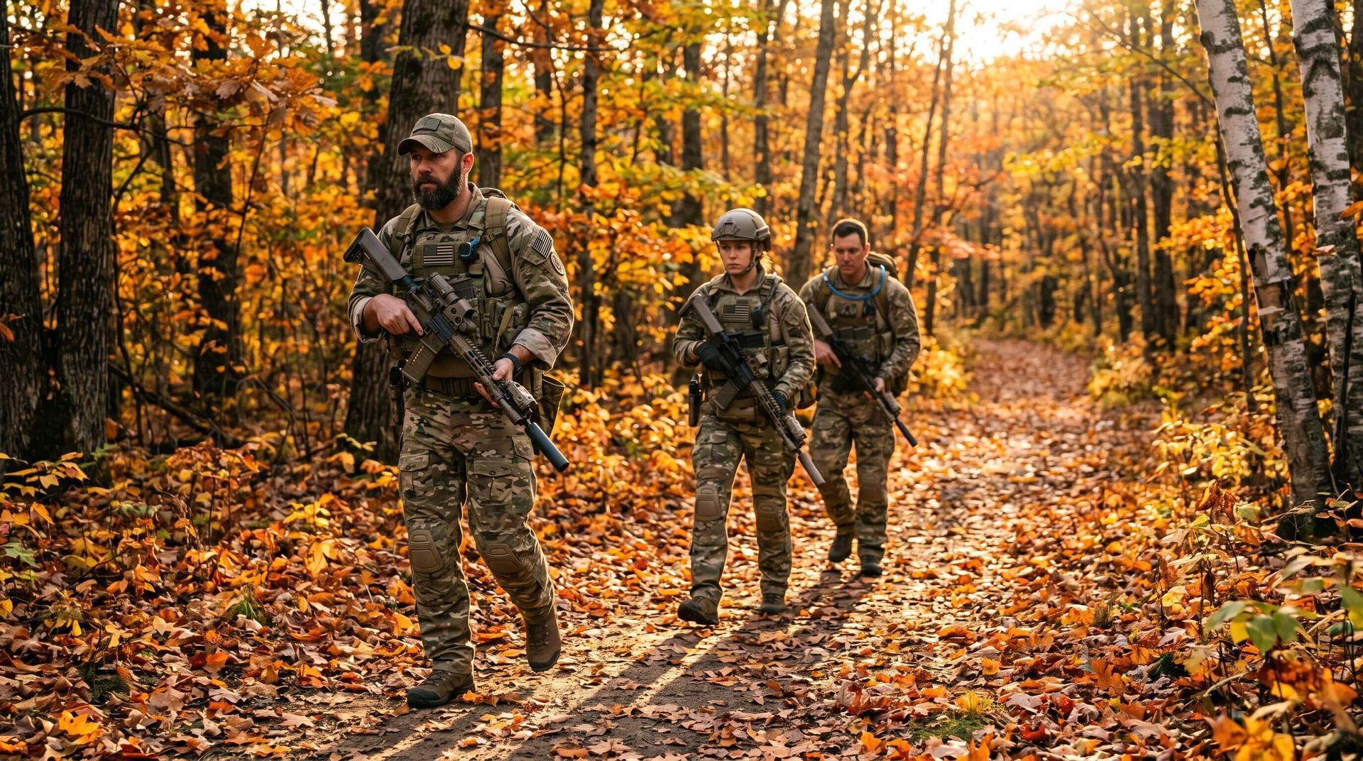 Group of hunters hunting in the summer