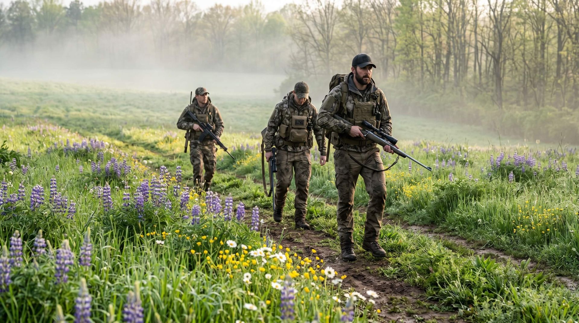 Group of hunters hunting in the spring