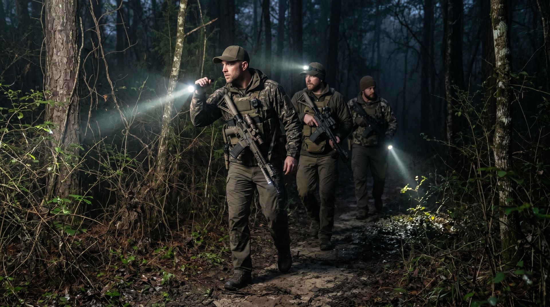 Group of hunters walking in the forest at night