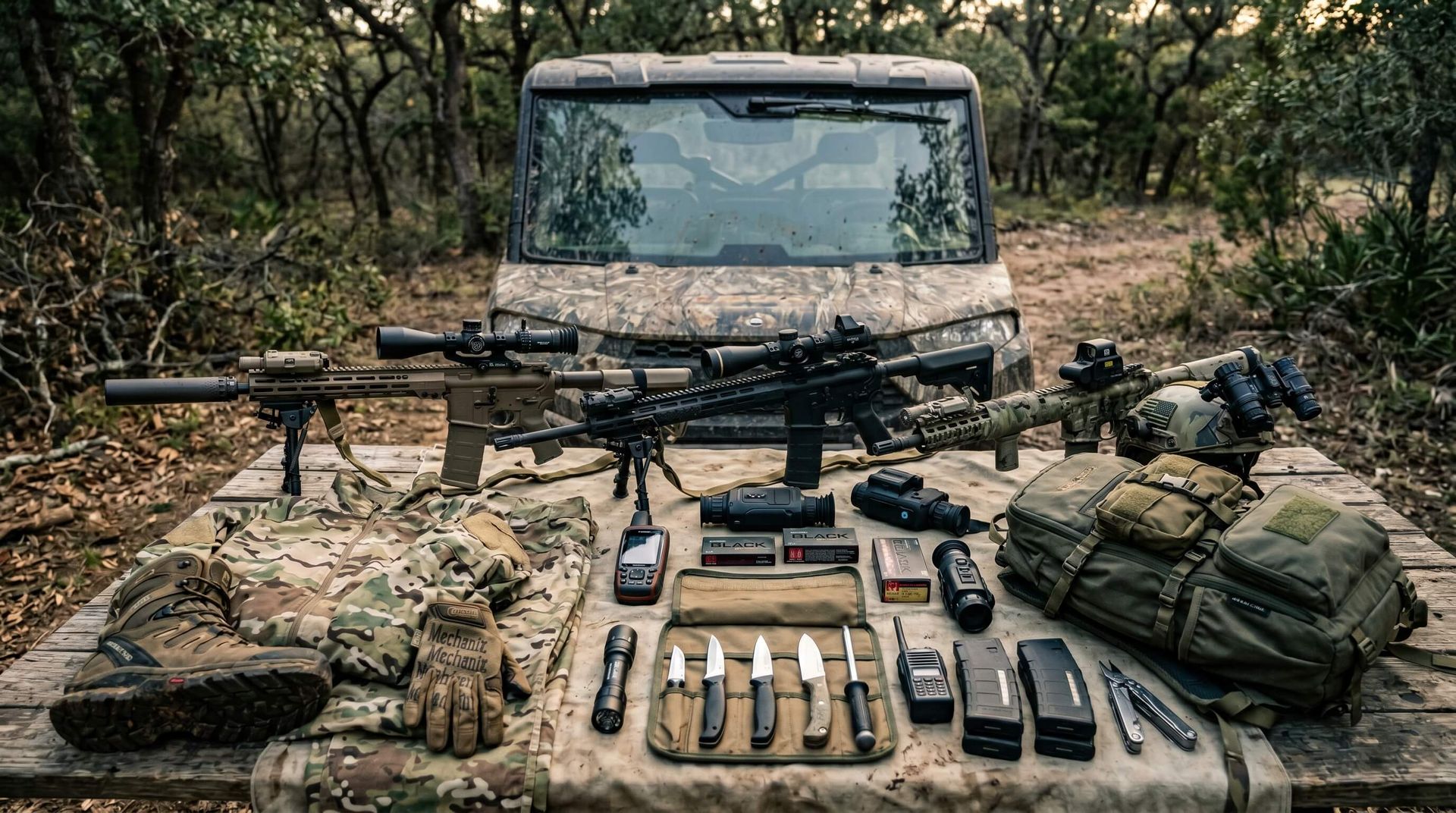 A menu of weapons and gear laid out on a table in front of a UTV