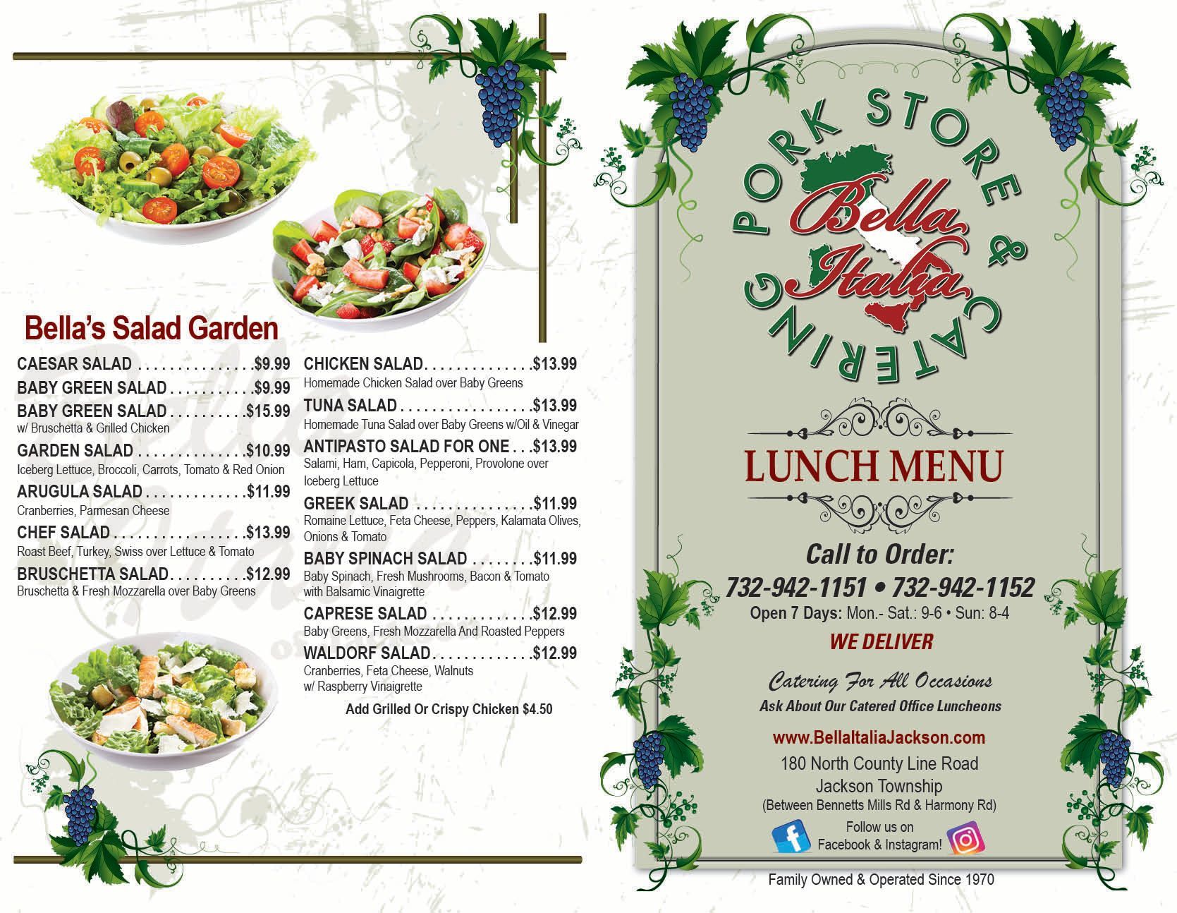 Bella Italia Lunch Menu — Catering in Jackson, NJ