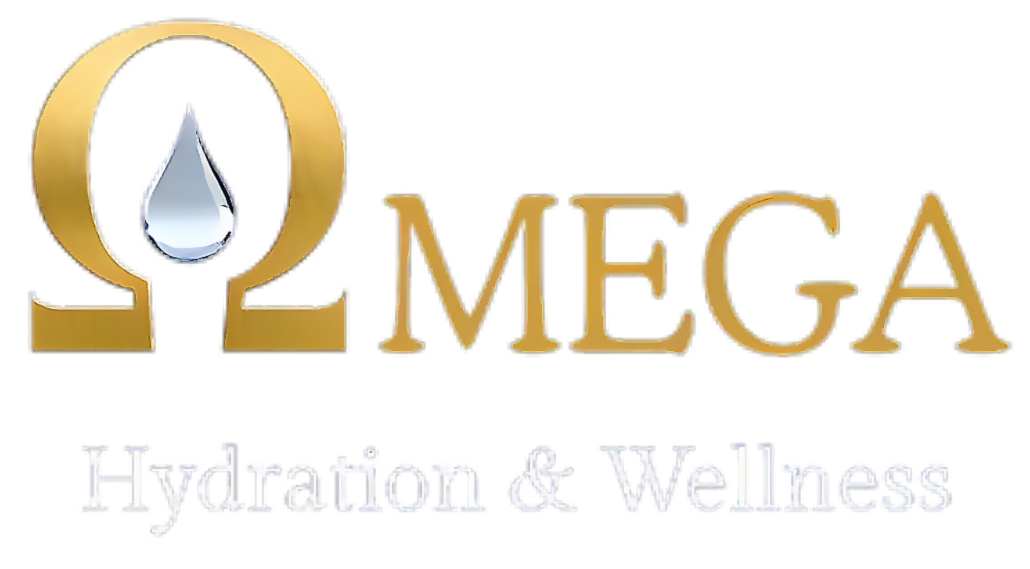 Gold Omega symbol with water drop; "MEGA Hydration & Wellness" text below.