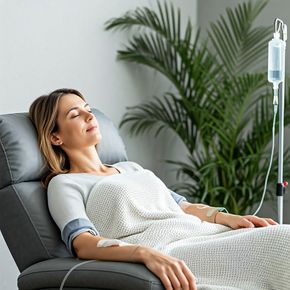 Woman receiving an IV drip while relaxing in a recliner chair indoors.