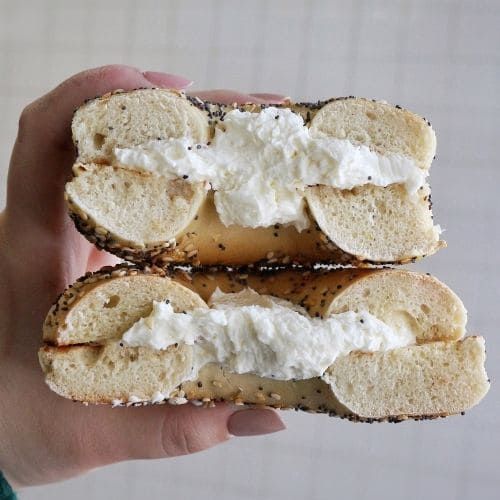 Everything bagel with cream cheese from Broad Nosh Bagels on the Upper West Side NYC