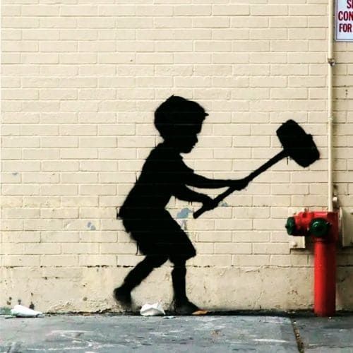 Banksy's Hammer Boy mural on the Upper West Side in NYC