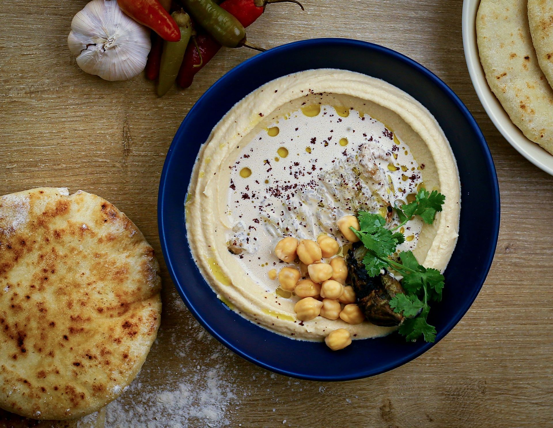 Mediterranean hummus with freshly toasted pita bread