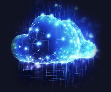Uma nuvem azul feita de linhas e luzes sobre um fundo escuro. Indicando Cloud Network