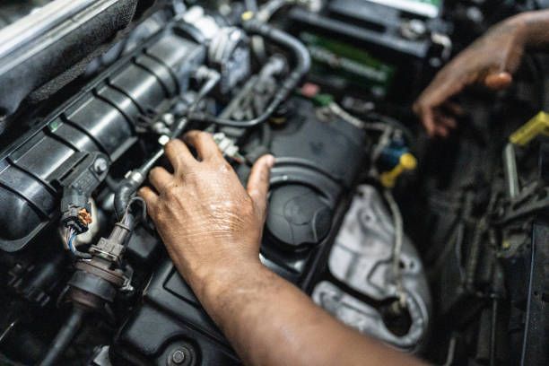 A man is working on the engine of a car.