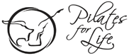 A black and white logo for pilates for life with a drawing of a person in a circle.