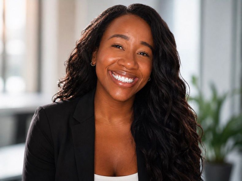 Smiling woman with long dark hair in a black blazer in a bright office setting