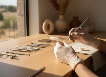 Hands arranging small wooden pieces on a sunlit table with craft tools and clay vases nearby