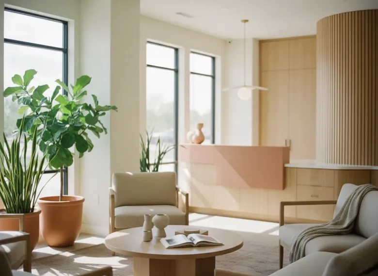 Bright modern living room with plants, beige sofa, wood coffee table, and pink kitchen island in sunlight