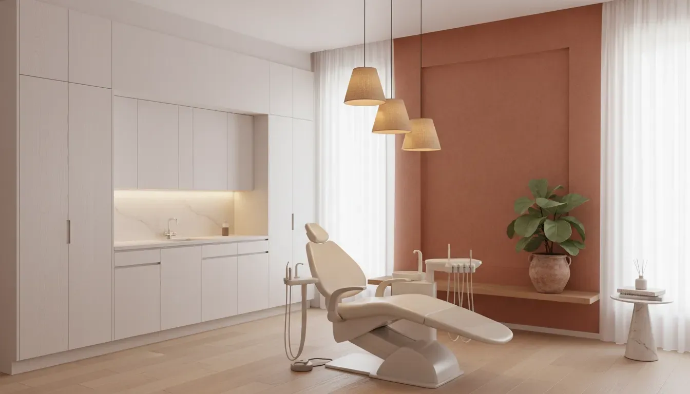 Modern minimalist dental clinic interior with white chair, pendant lights, and peach accent wall