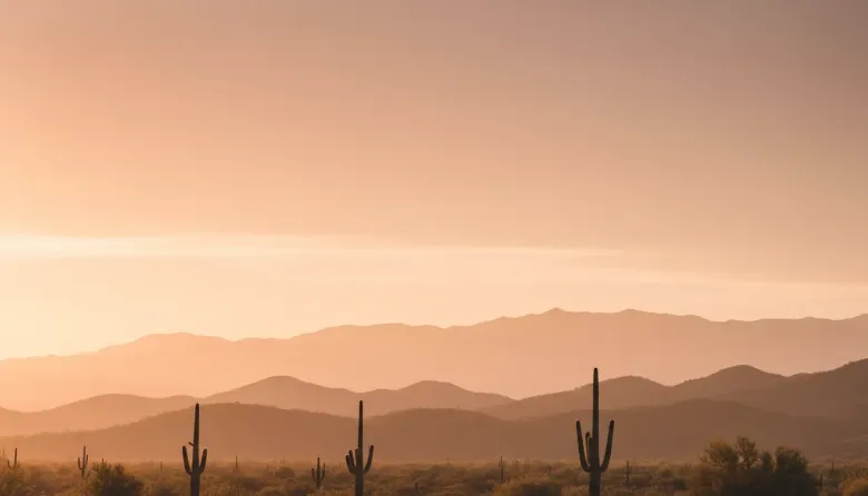 Desert landscape at sunrise with saguaro cacti, layered mountains, and a warm orange sky.