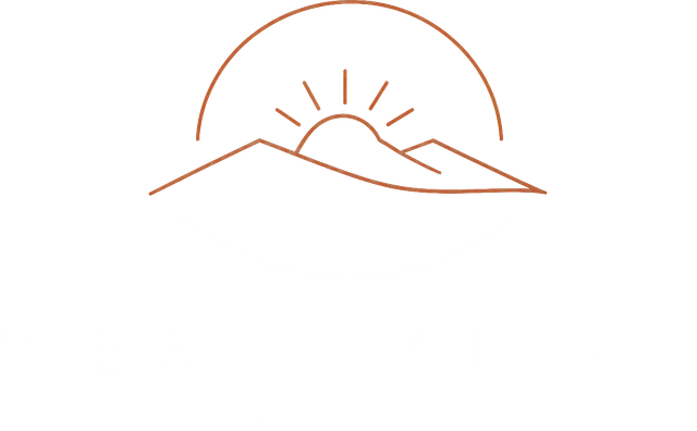 Minimal brown line drawing of a sunrise over rolling hills on a white background