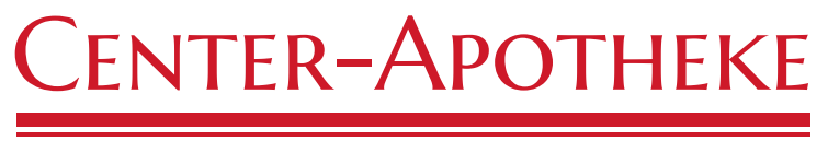 Center-Apotheke, Apothekenlogo, dunkelroter Text mit dunkelroter Unterstreichung.