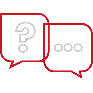 Two speech bubbles with a question mark and dots on them.