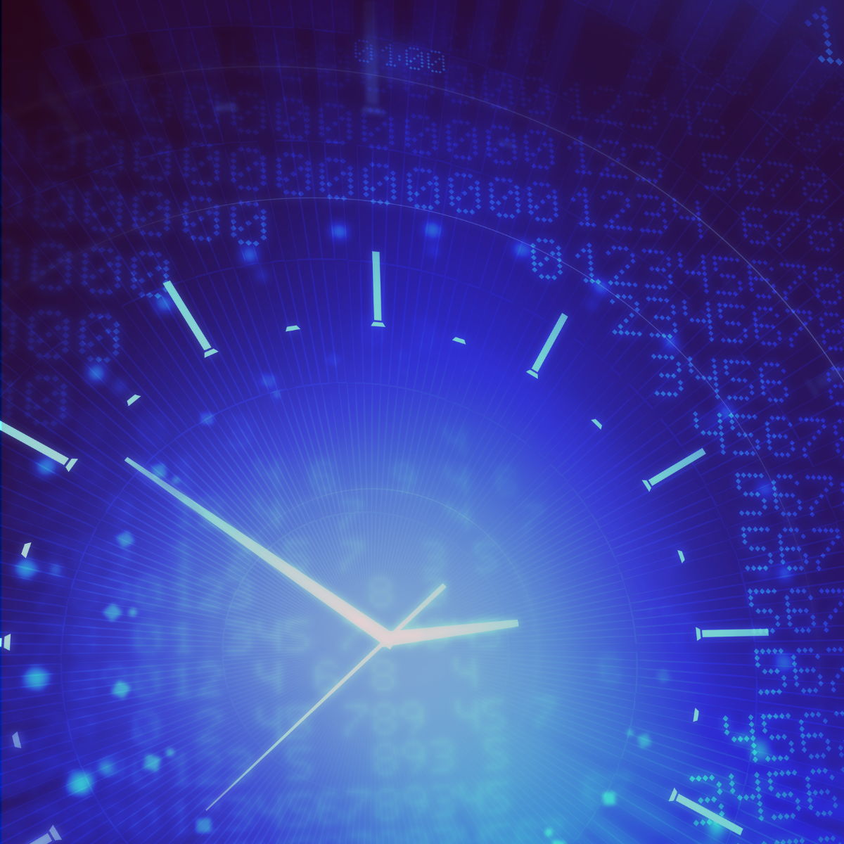 Blue clock face with binary code overlay.