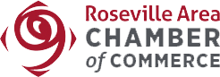 The roseville area chamber of commerce logo has a red rose in the center.