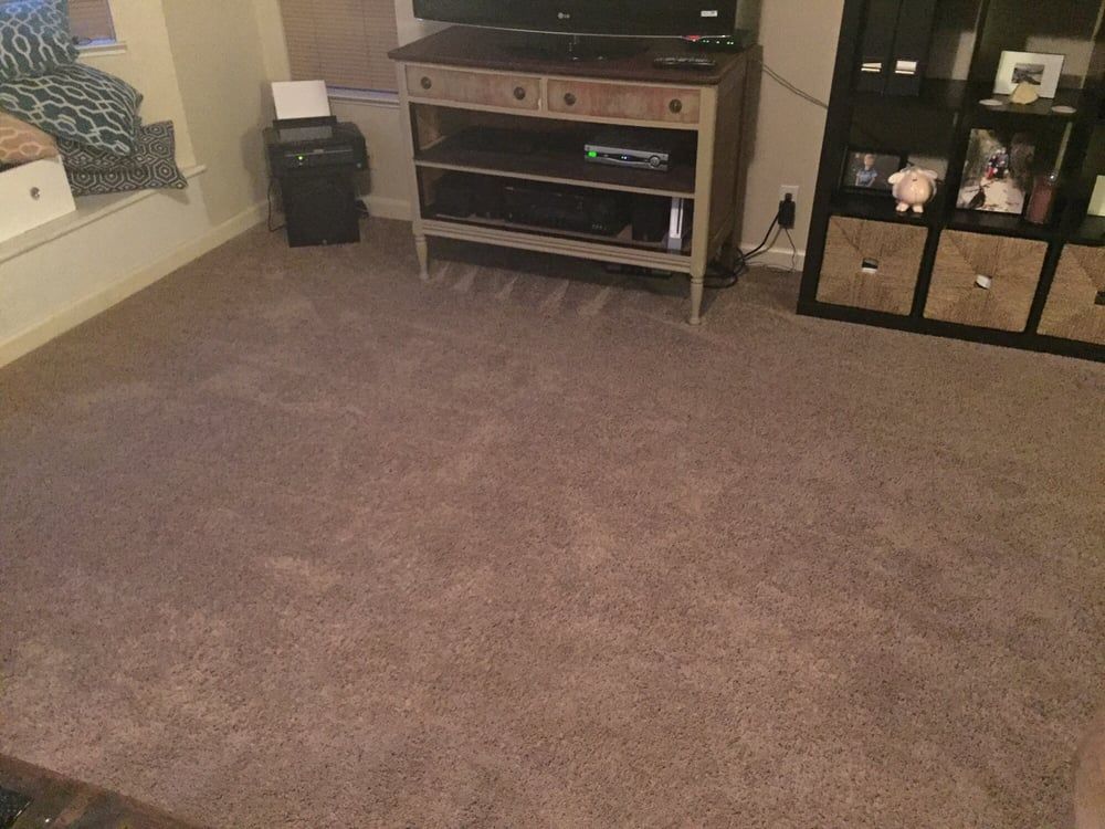 A living room with a carpeted floor and a television on a stand.