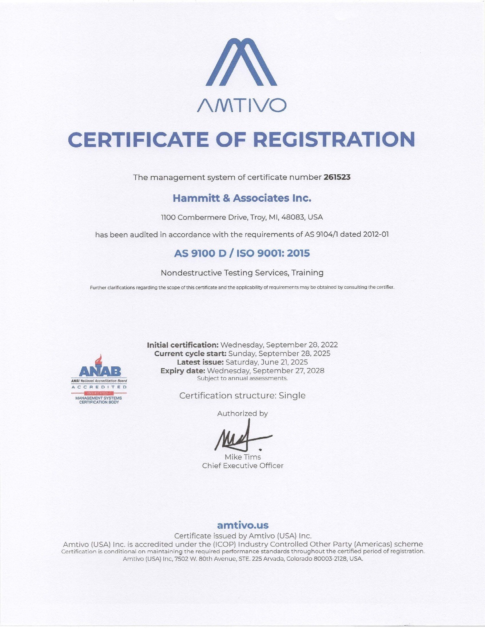 Certificate of Registration from AMTIVO, for Hammit & Associates Inc.
