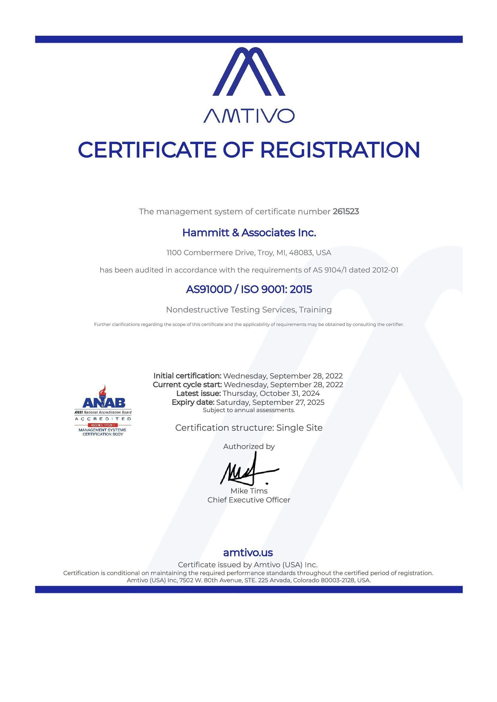 A certificate of registration for hammitt & associates inc.
