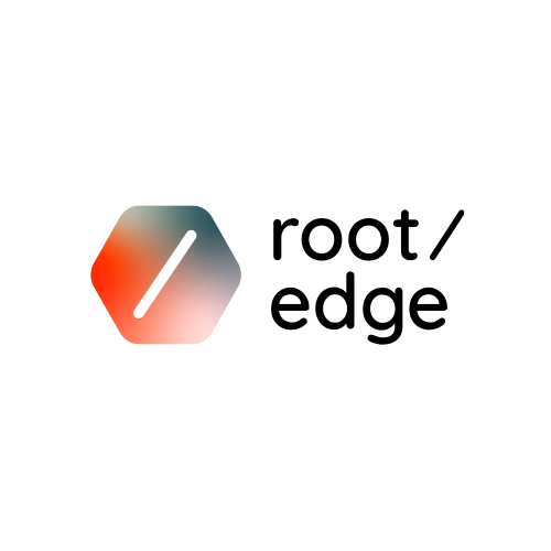 Logo for root/edge, a hexagon shape with a diagonal line, gradients of orange, pink and teal; text