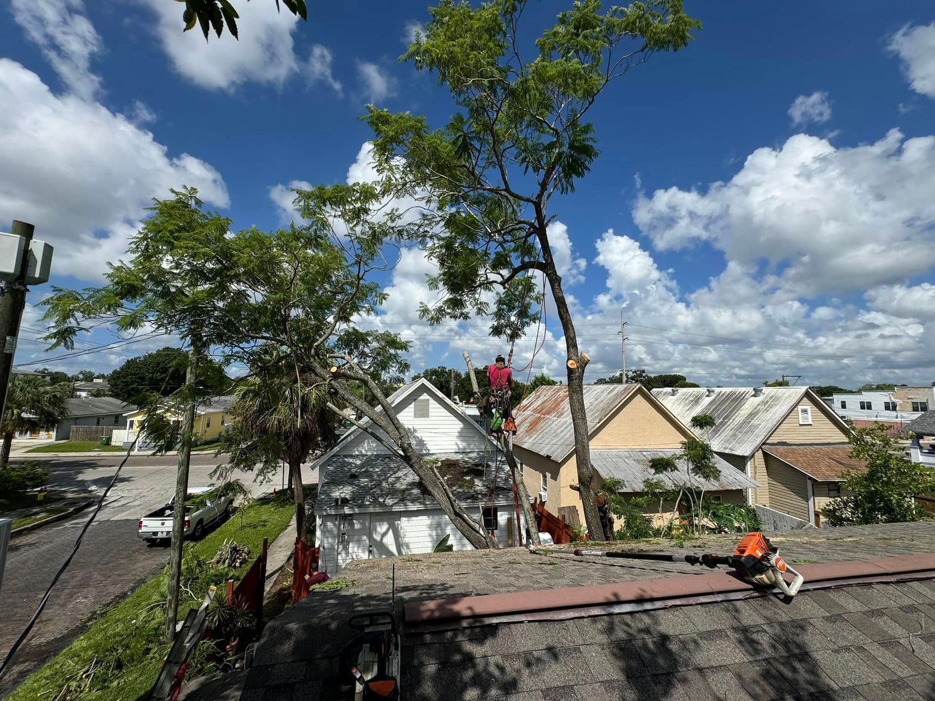 A man is cutting down a tree on the roof of a house