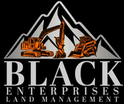 Logo of Black Enterprises Land Management with machinery against a mountain backdrop, black, orange, and silver.