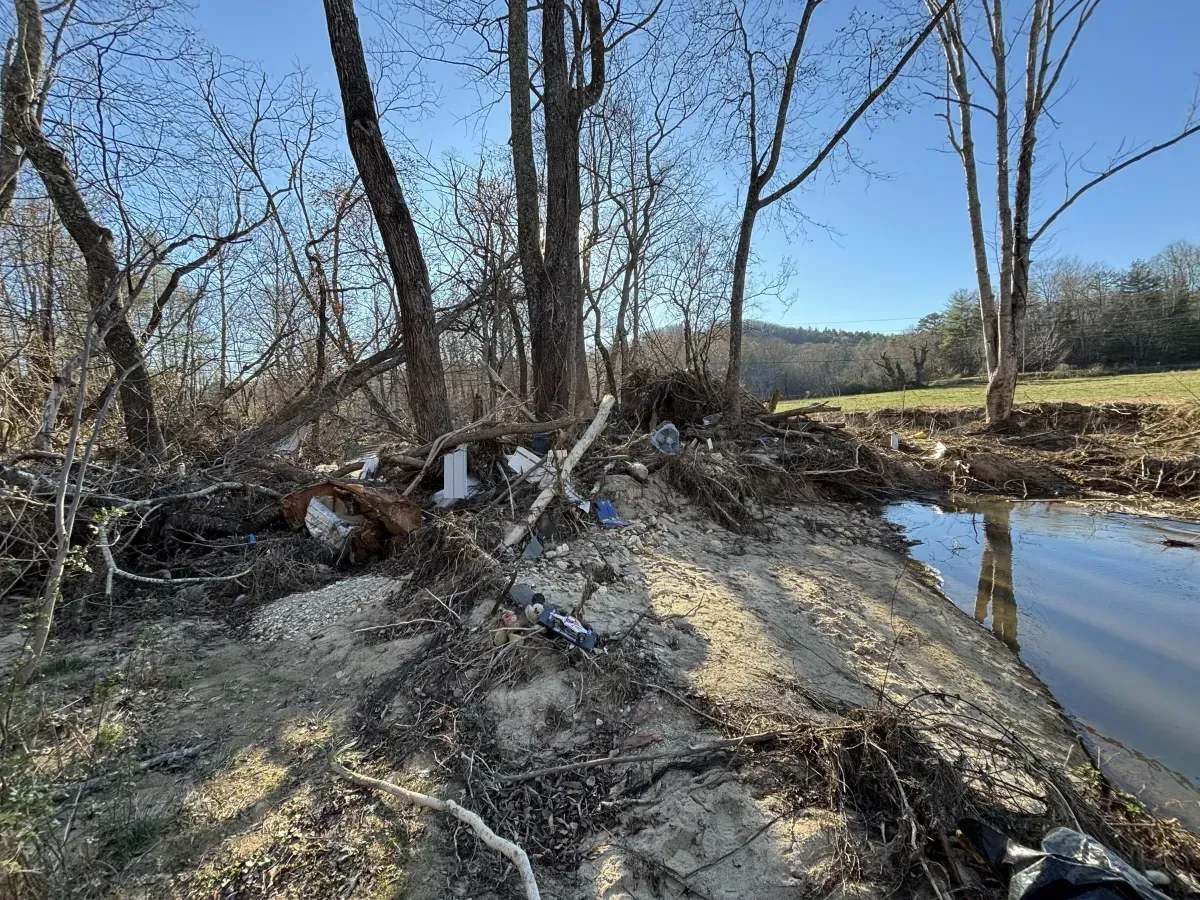 Debris and trash litter the bank of a river near bare trees. Sunlight streams across a grassy hill in the distance.
