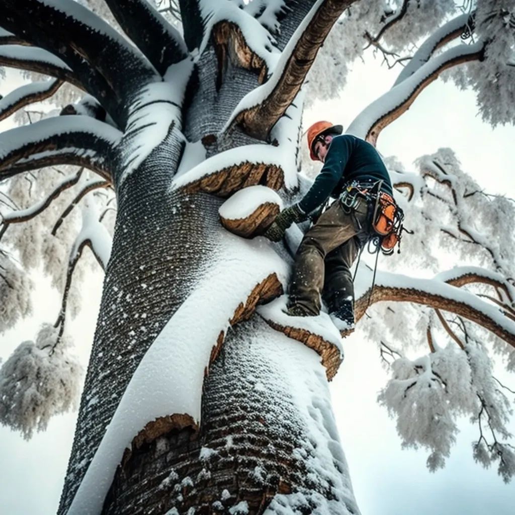 Man trimming tree in the winter