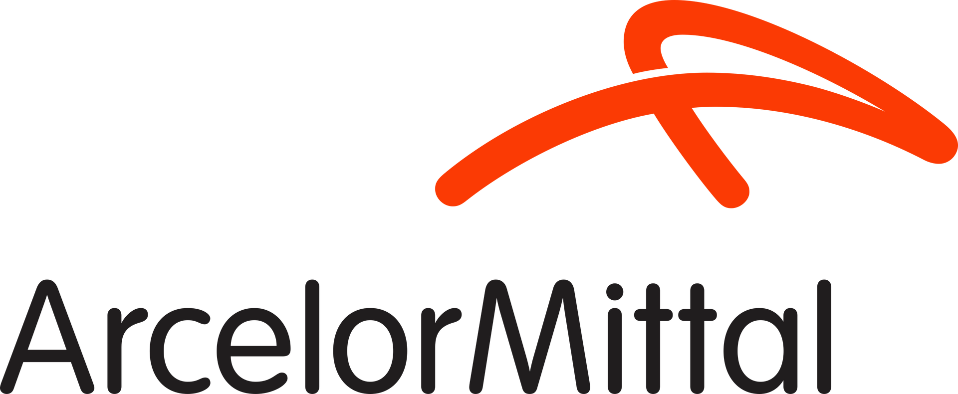 Um logotipo para a arcelormittal com uma seta vermelha em um fundo branco.