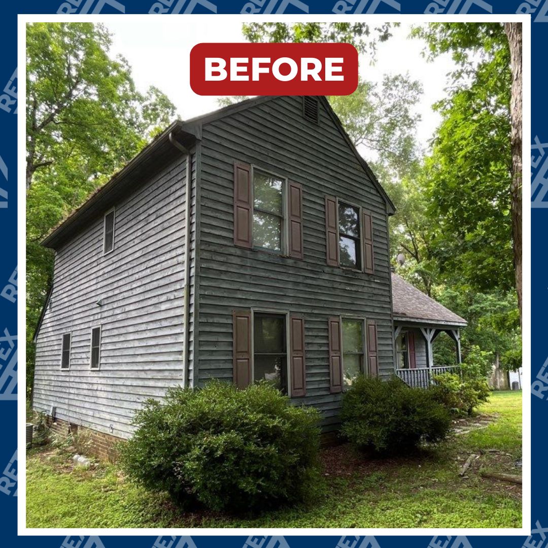 A graphic showing a before photo of a RETEX siding, window and door replacement in Chesterfield VA 23832.