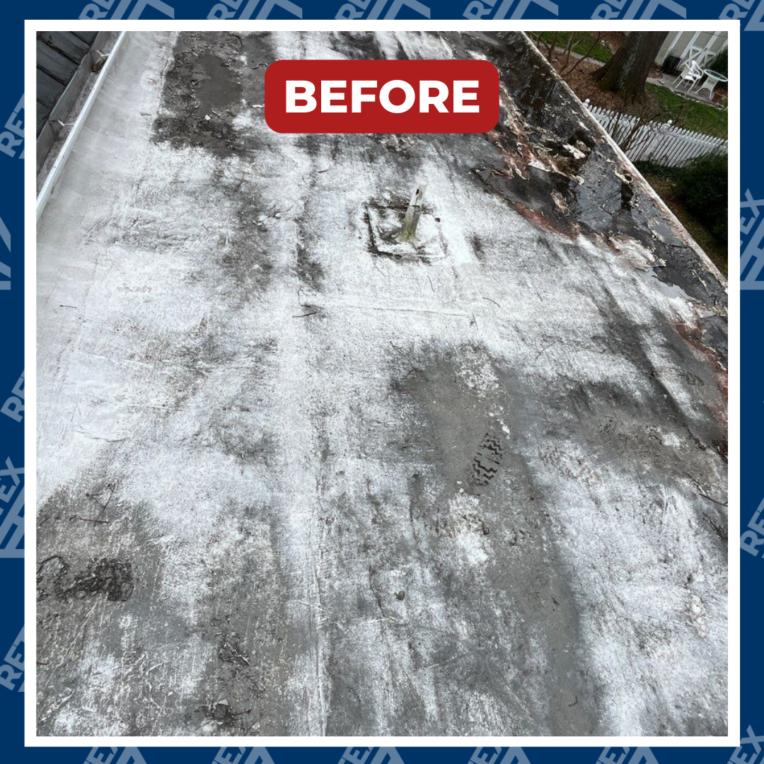 A graphic showing a before photo of a RETEX flat roof replacement in Richmond VA 23226.