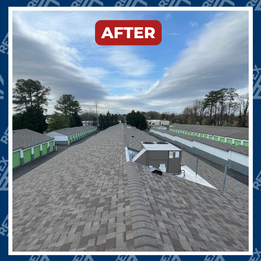 An infographic showcasing after photo of a RETEX roof replacement for Extra Space Storage in Richmond.