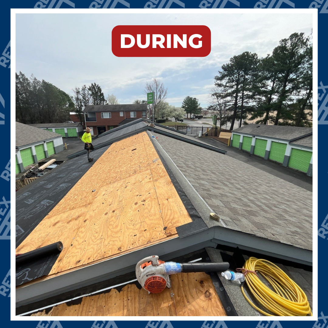 An infographic showcasing a during-installation photo of a RETEX roof replacement for Extra Space Storage in Richmond.