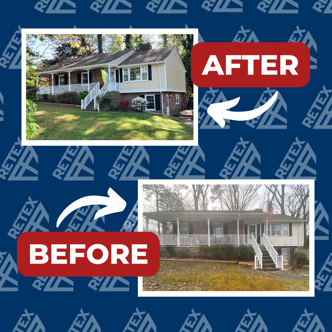 A graphic showing before-and-after photos of a RETEX siding replacement in North Chesterfield VA 23235.