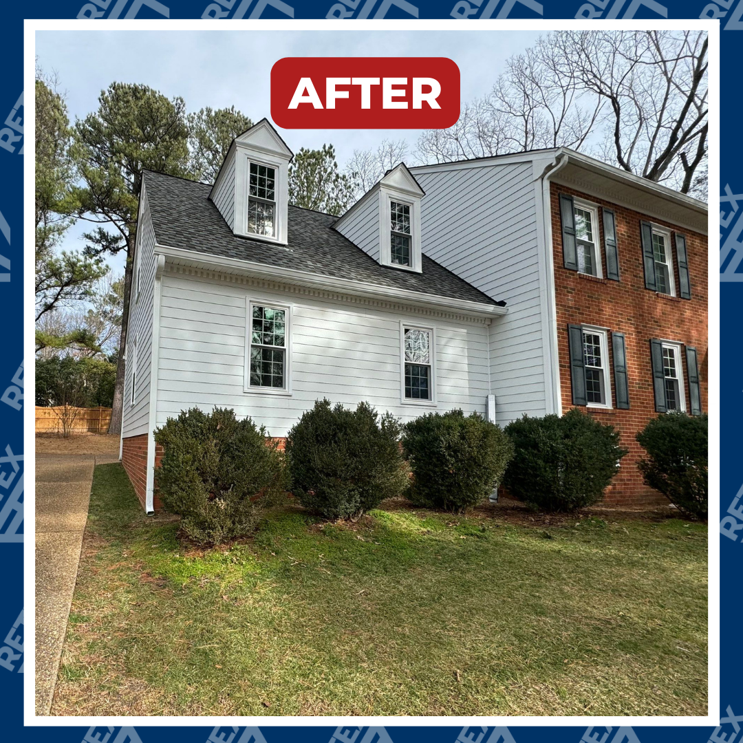 A graphic showing the after photo from a RETEX LP Smartside siding replacement in Richmond VA 23233.