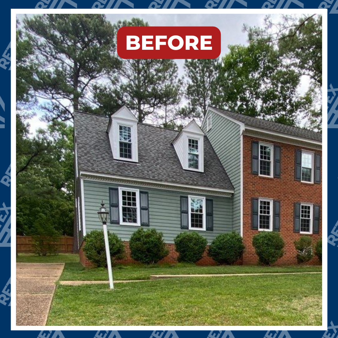 A graphic showing the before photo from a RETEX LP Smartside siding replacement in Richmond VA 23233.