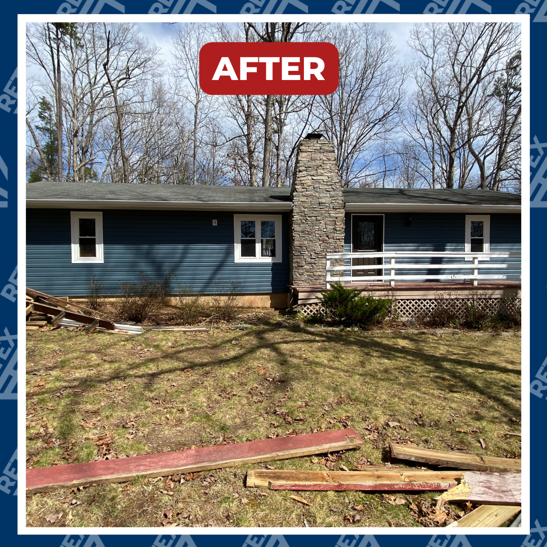 A graphic showing after-installation photo of a RETEX siding, window and door replacement project in Locust Grove, VA 22508.