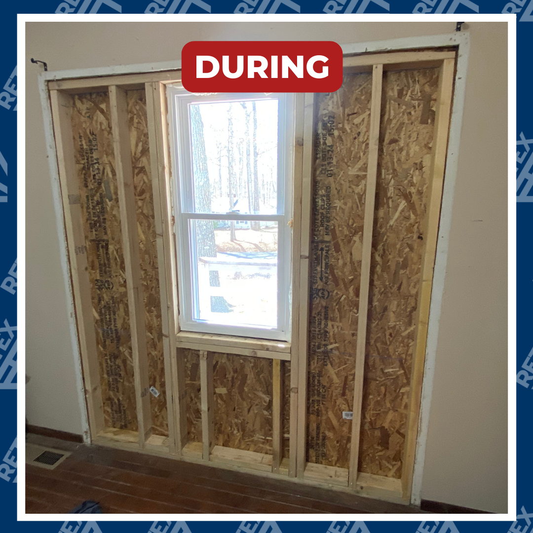 A graphic showing during-installation photo of a RETEX siding, window and door replacement project in Locust Grove, VA 22508.