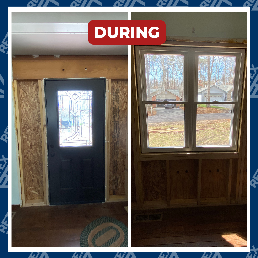 A graphic showing during-installation photo of a RETEX siding, window and door replacement project in Locust Grove, VA 22508.