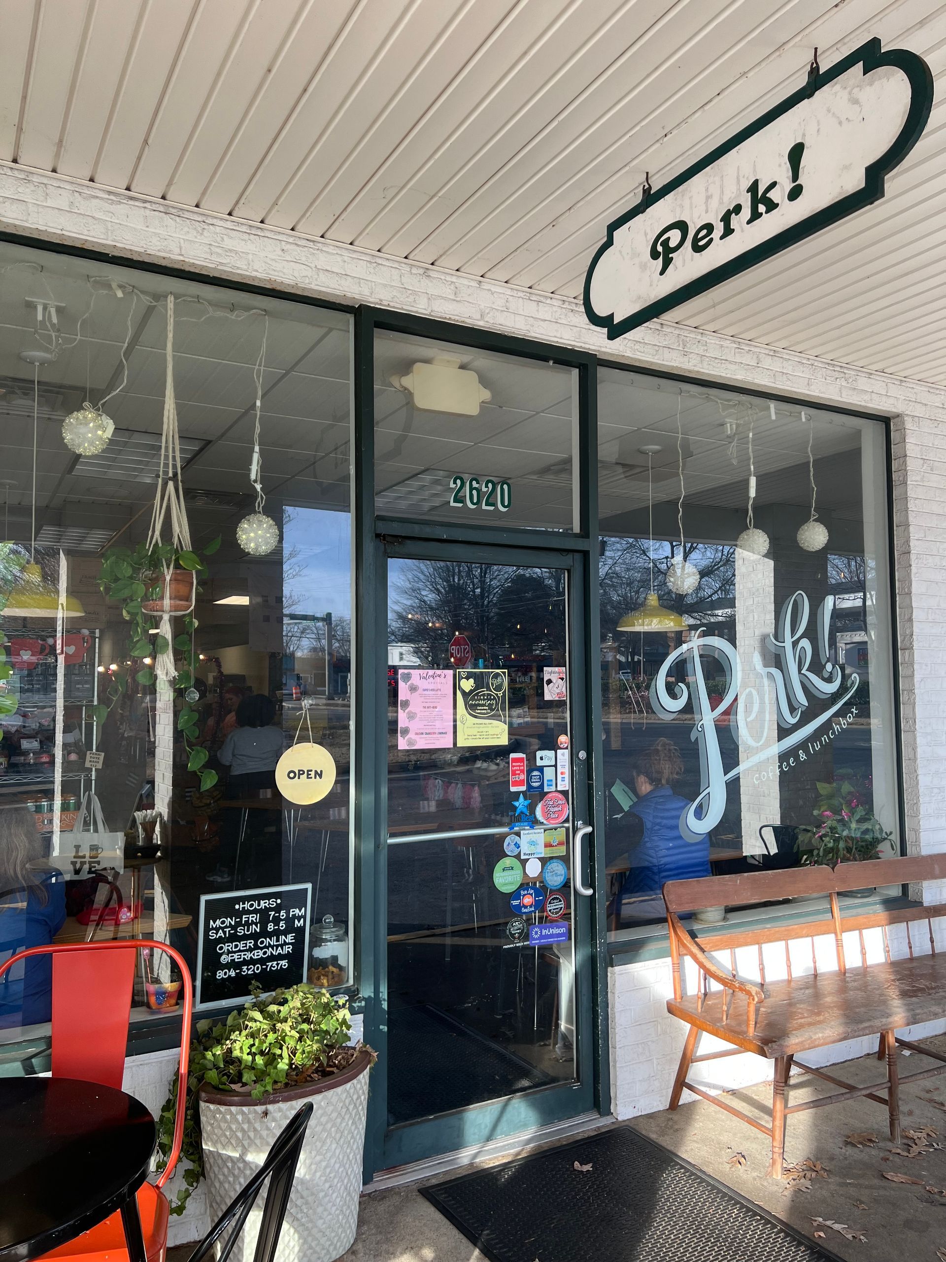 Image of the outside of local coffee shop Perk! in Bon Air, VA. Photo by RETEX's Katelyn Lewis.