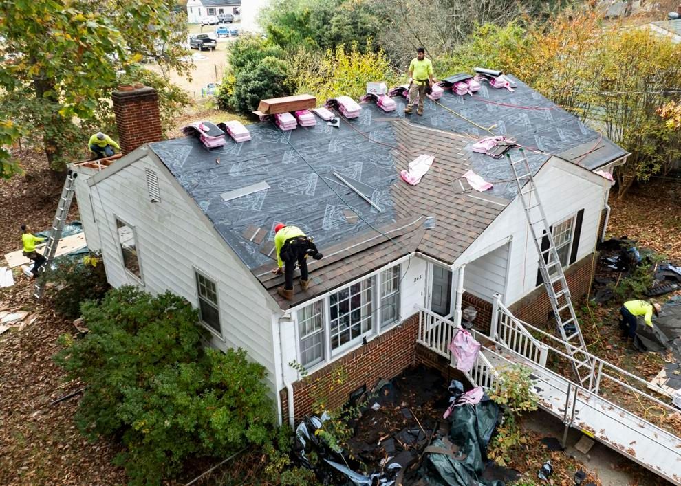 A during-installation drone image of the RETEX Roof for a Veteran roof replacement in Chester VA 23831 in November 2023.